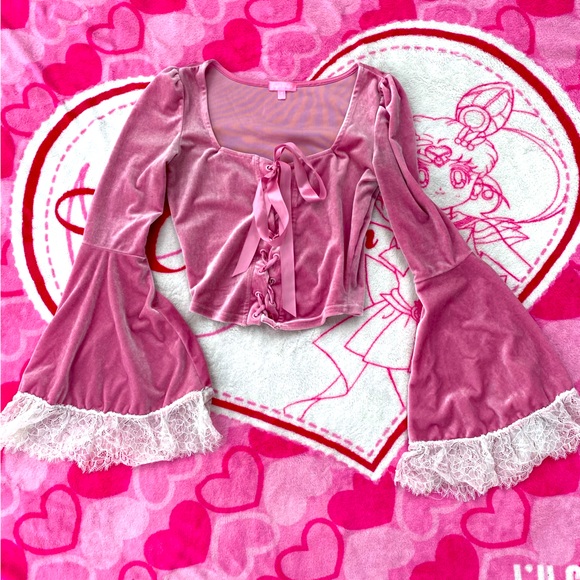 Sugar Thrillz Tops - Pink Velvet Lace-Trimmed Top